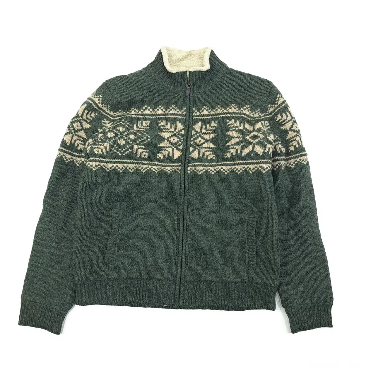 (CS135)M L Elvin Nordic Green Lambswool Zip-up Sweater knit