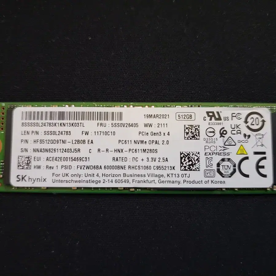 컴퓨터 부품 하이닉스 NVME SSD PC611 512GB