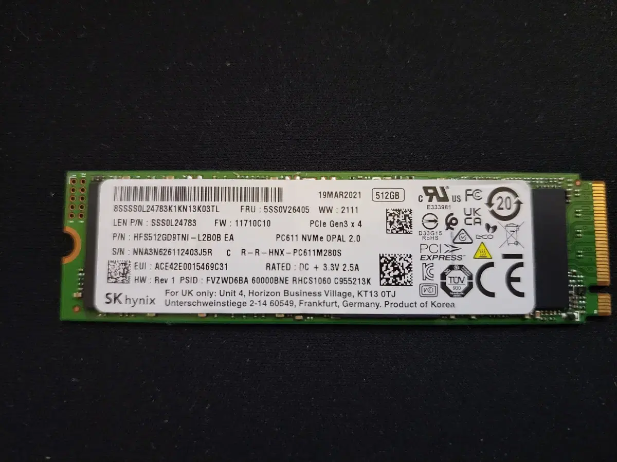 컴퓨터 부품 하이닉스 NVME SSD PC611 512GB