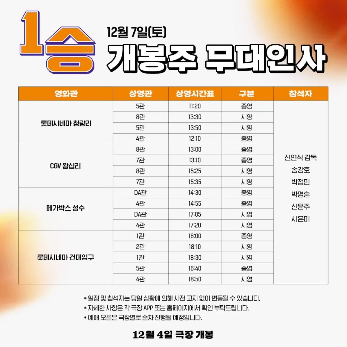 1승 무대인사 A열정중앙 단석 3개관 12/7 왕십리