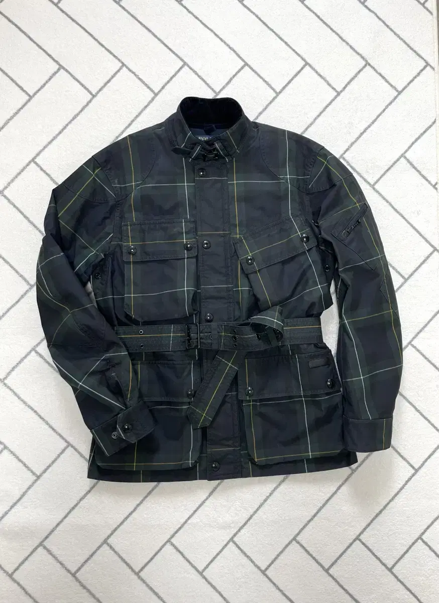 (A+/M) Polo Tartan Check Waxed Biker Belted Jacket