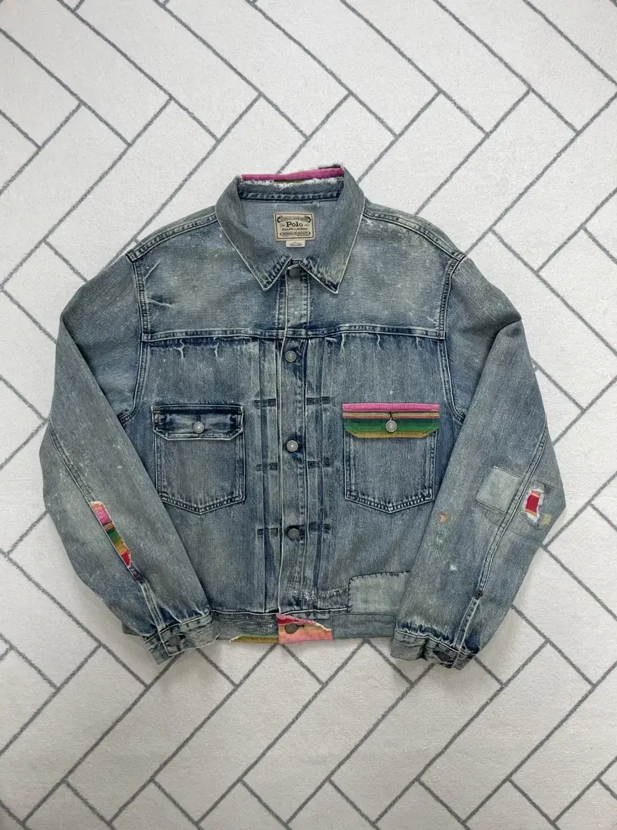 (Class A/L) Polo Patchwork Distressed Denim Jacket