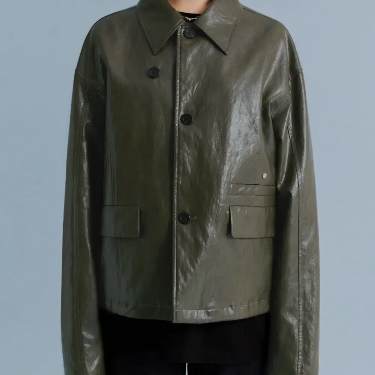 [L]Addoff Leather Crop Jacket Khaki