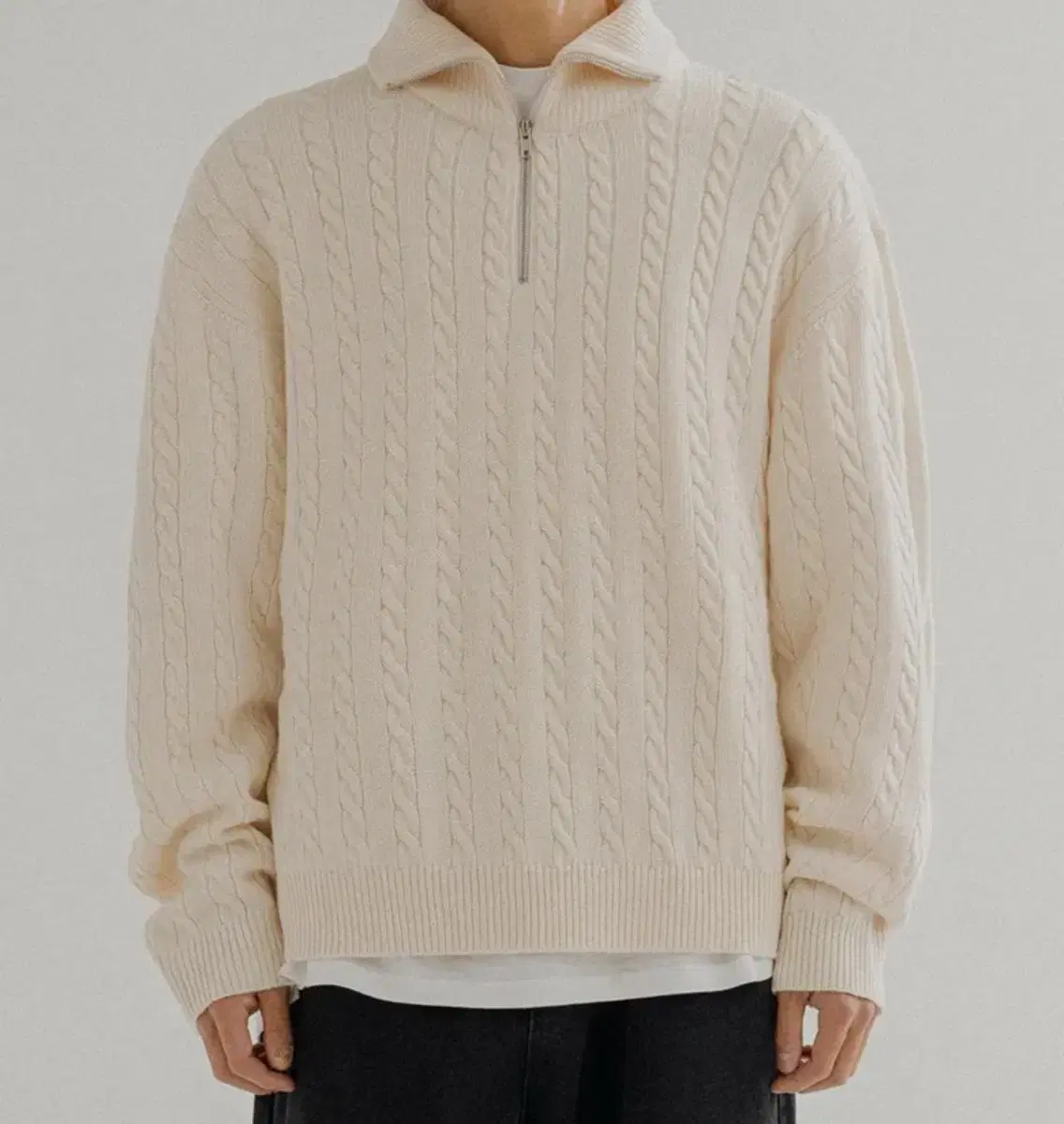 [L] Against All Odds Cable Overfit Half Zip Cara Neck Knit Ivory