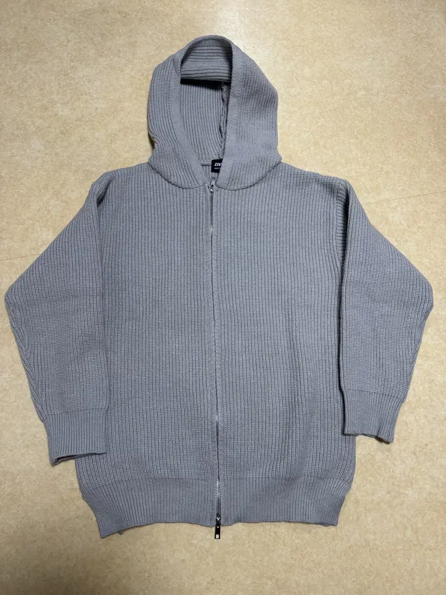 Gray Knit Hooded Zipper Up