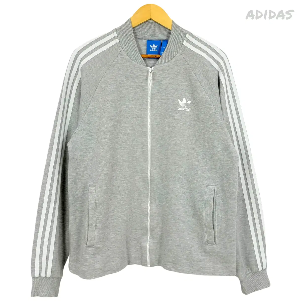 3207 Adidas Grey White Big Logo Firebird Cotton Zip Up Cotton Jersey