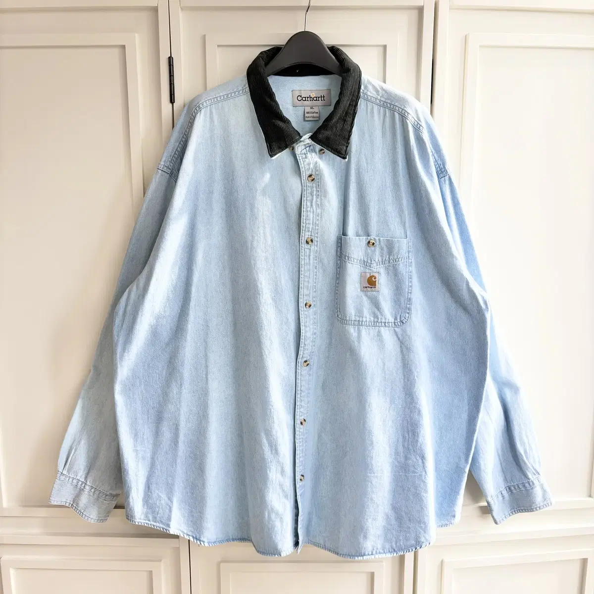 [4XL]Calhart Black Corduroy Kara Light Blue Denim Shirt CH6363