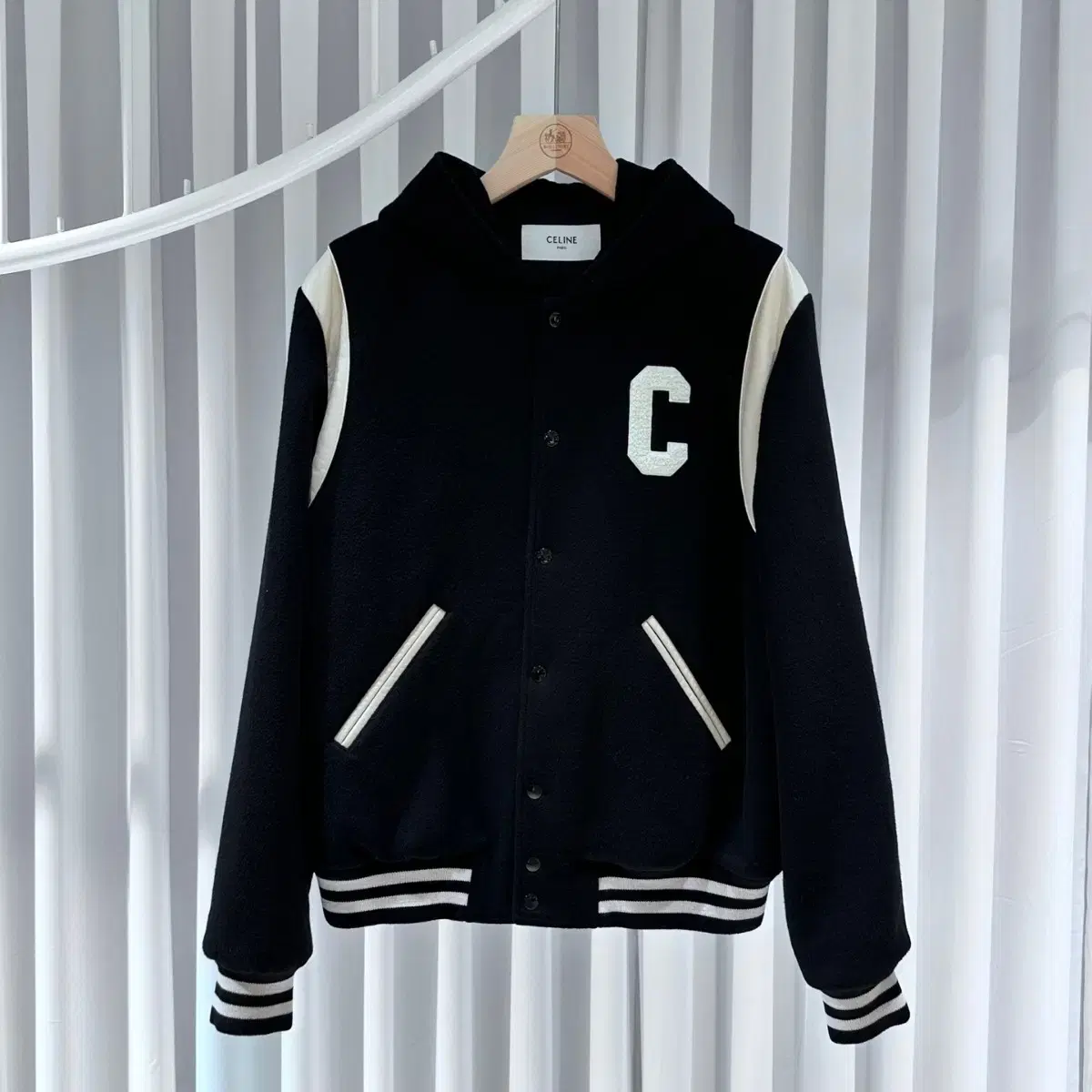 Seline Cashmere Hooded Teddy Varsity Jacket Black / 52