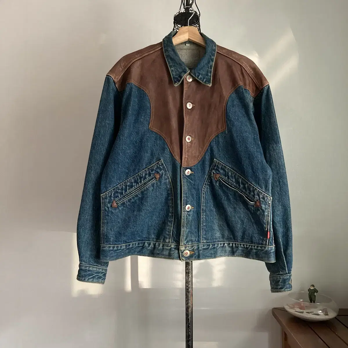 Vintage Western Leather Denim Jacket (F)