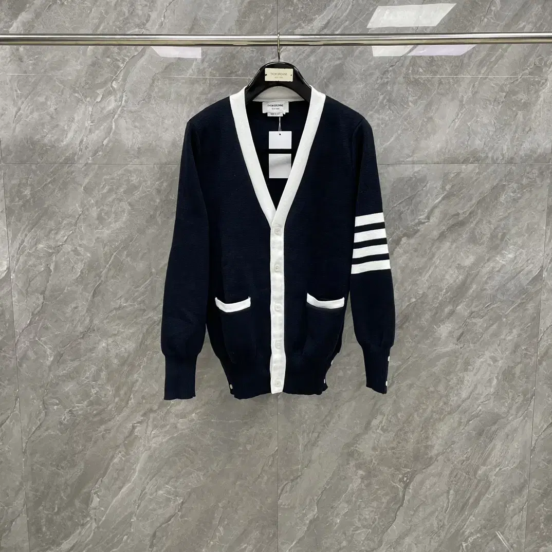 Thom Browne Men's Navy Diagonal Full-Length Knit Cardigan