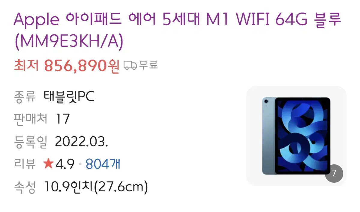 아이패드 에어5 wifi 64GB 블루