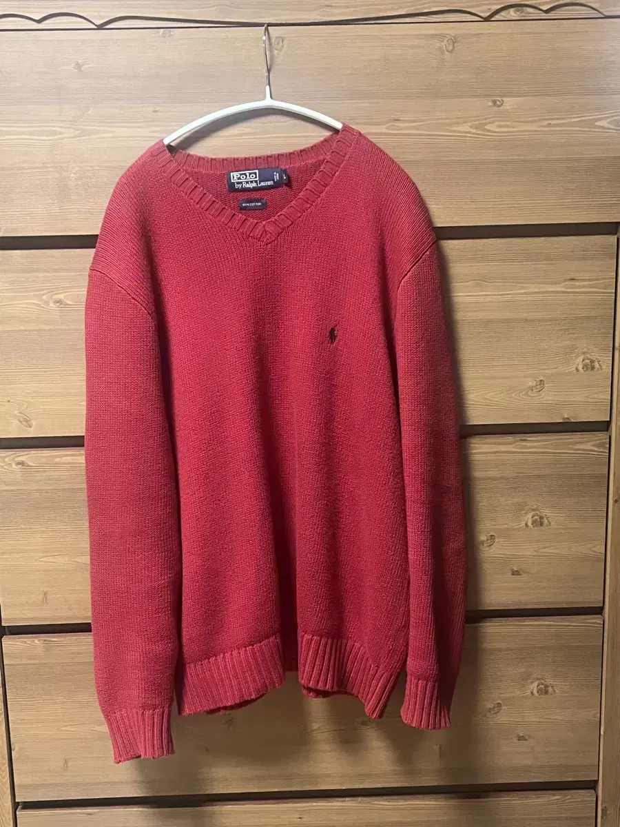 (L)Polo Cotton V-neck Knit Red