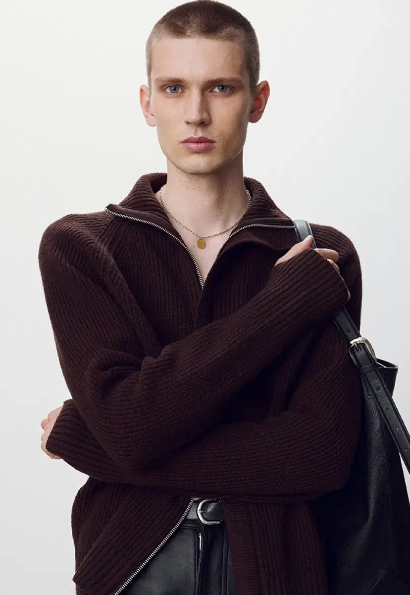 [L] Tony Weck Superfine Merino Wool Knit Zip-up Dark Brown