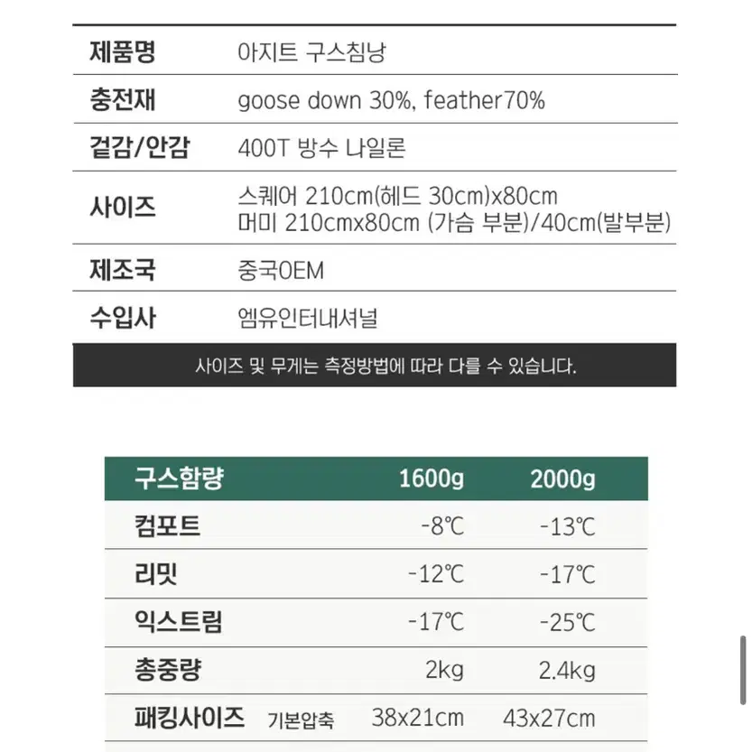 (새상품) 아지트 머미형 구스 침낭 1600