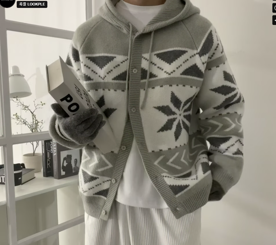 Free / Unisex ) Nordic Snowflake Knit Hoodie - Grey