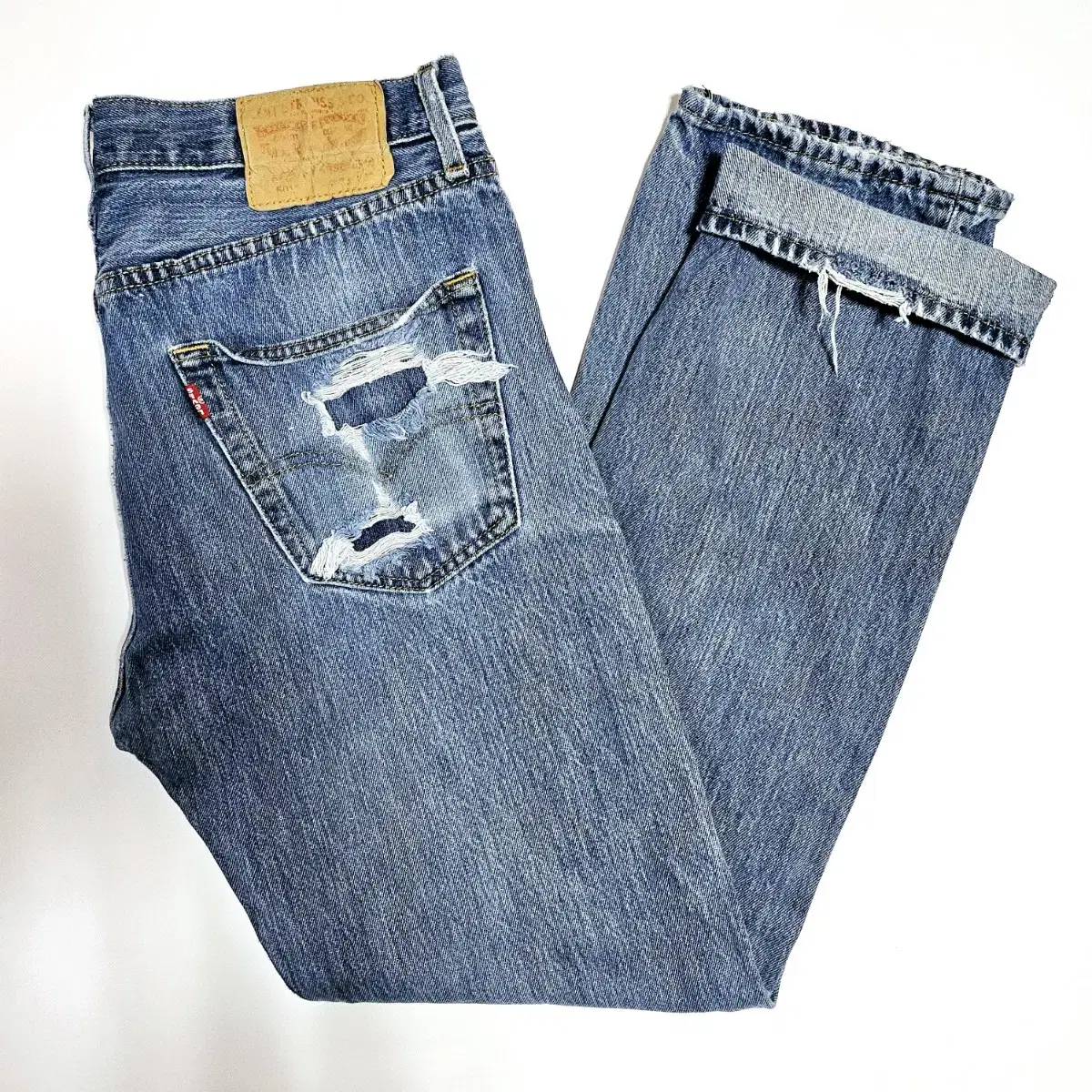 #[Levi's] 501 Classic Original Destroyed Denim Medium Blue/33x32