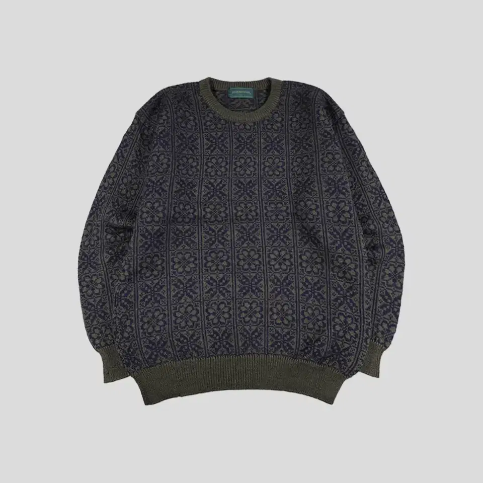 Vintage Khaki Olive Navy Snowflake Flower Square Pattern Wool100 Crew Neck Knit