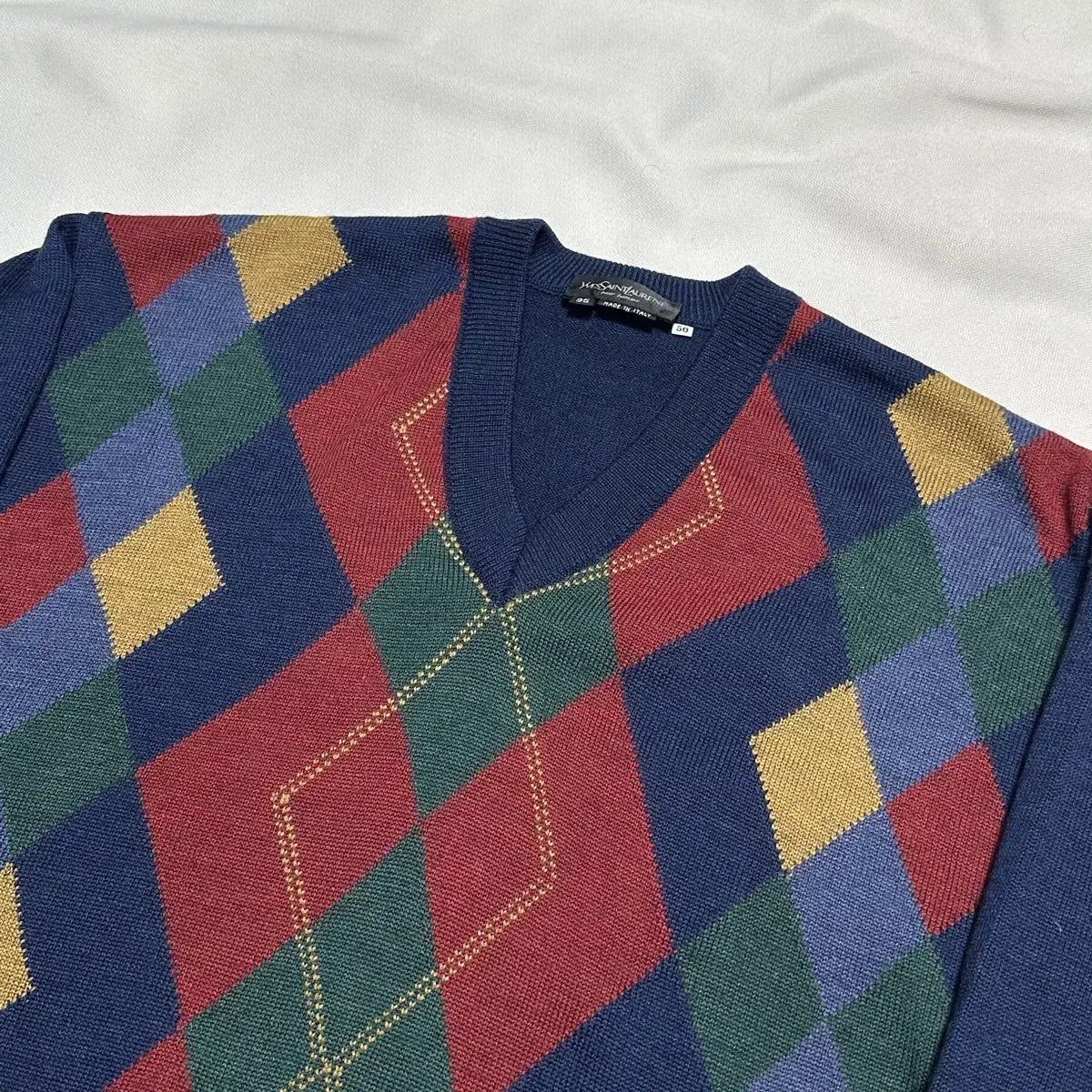 95 Yves Saint Laurent Argyle Pattern V-Neck Knit