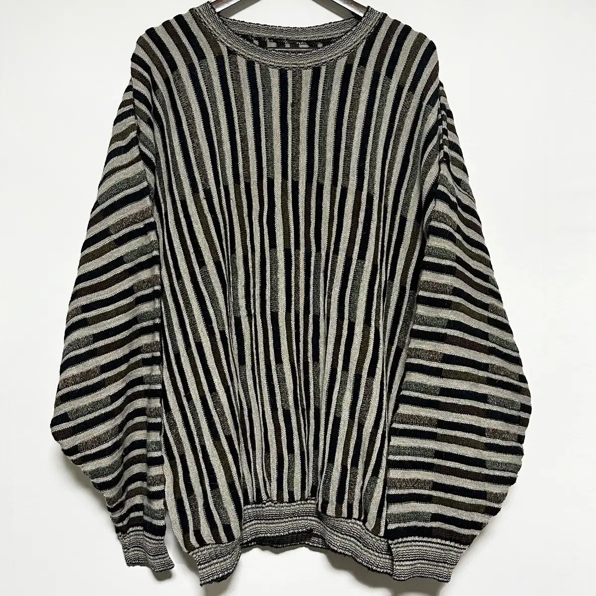 Overfit Big Size WoolMixed Wool and Mohair Vertical StripeDangara Knit Khaki Black JapanVintage