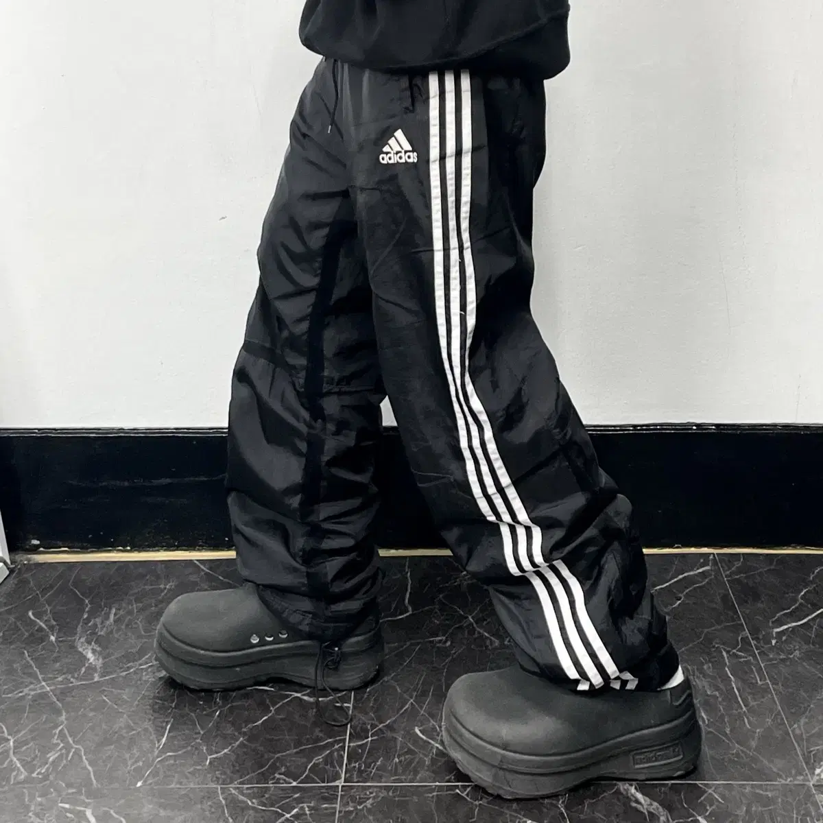 Adidas Black Three Stripe Glossy Wide Track Pants