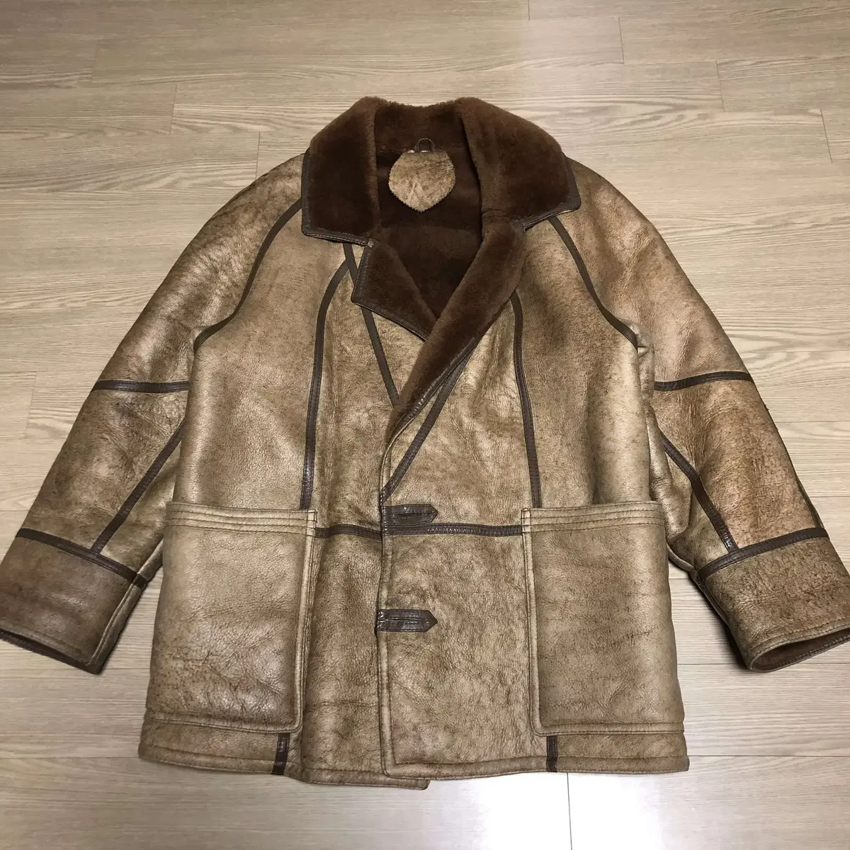 L) Guangxi Leather Market 100% Wool Sheepskin Muton Mustang Jacket Coat Brown