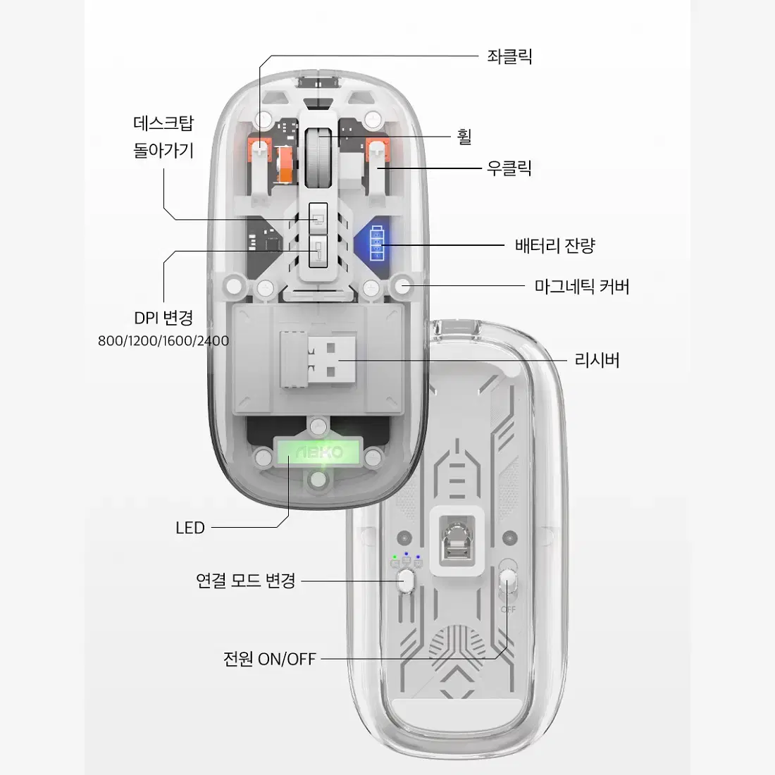 무선 블루투스 저소음 클리어 마우스