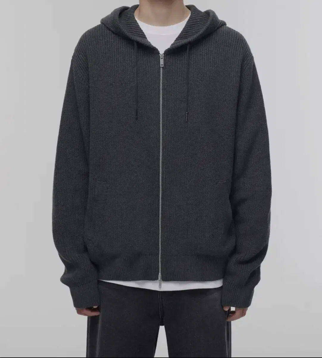 Plain Knit Hooded Zip-Up XL [Medium Grey]