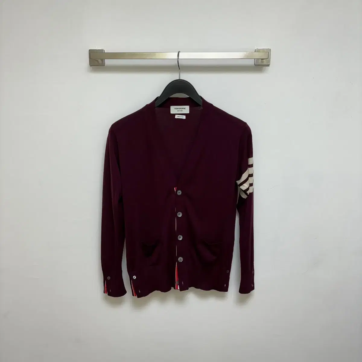 (2) Thom Browne Diagonal Arms Wool Cardigan Burgundy