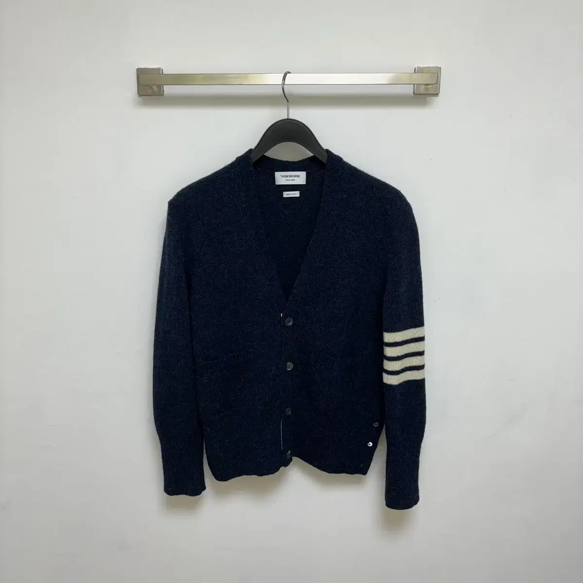 (3) Thom Browne Diagonal Armband Shetland Cardigan Navy