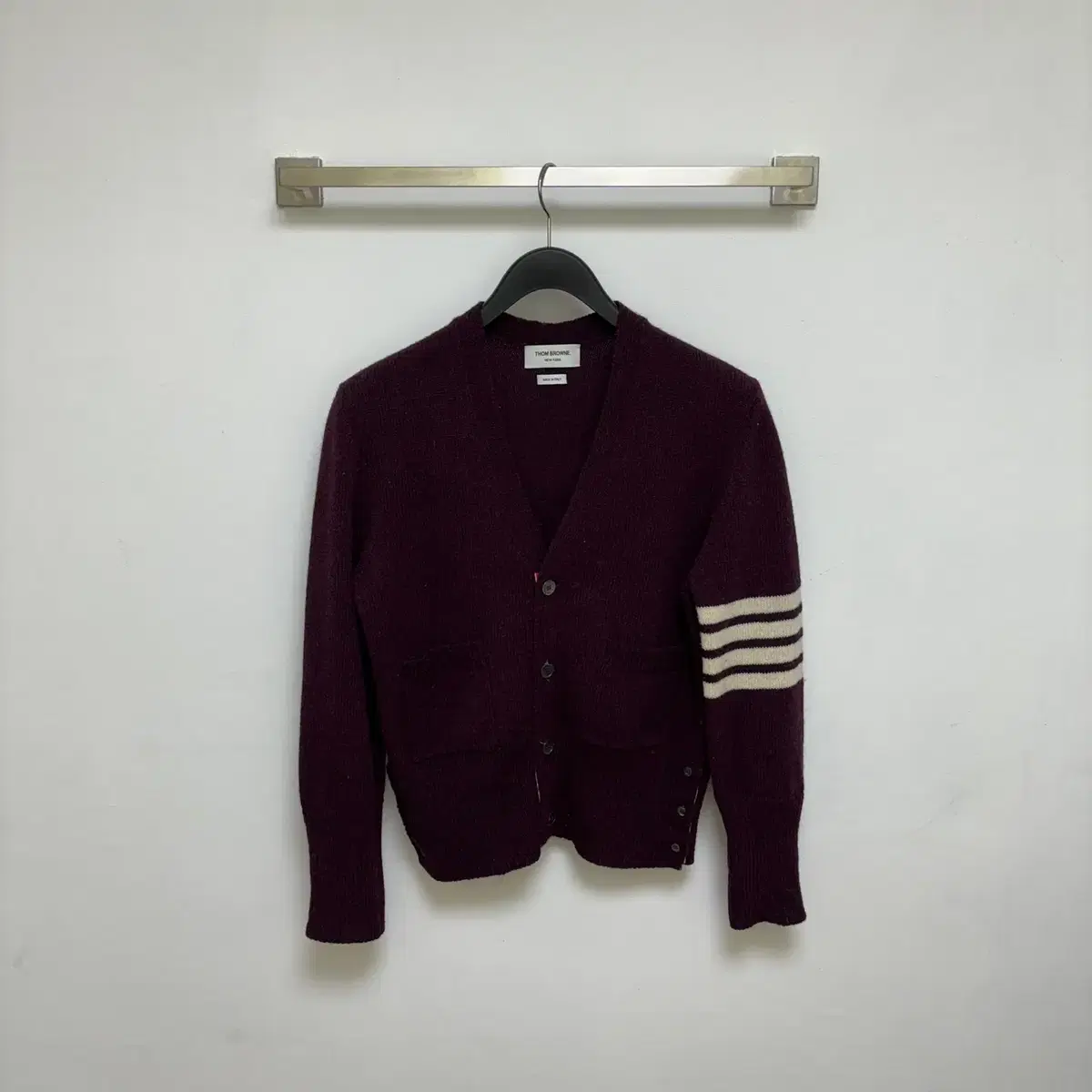 (3) Thom Browne Diagonal Armband Shetland Cardigan Burgundy