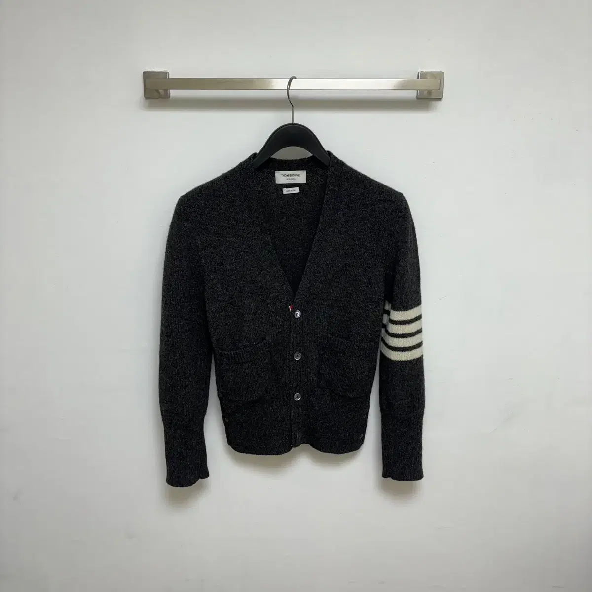 (2) Thom Browne Four-Line Armband Shetland Cardigan Gray