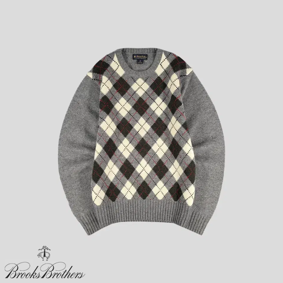 Brooks Brothers Gray Bruneton Argyle Check Wool100 Ivy Preppy Round Neck