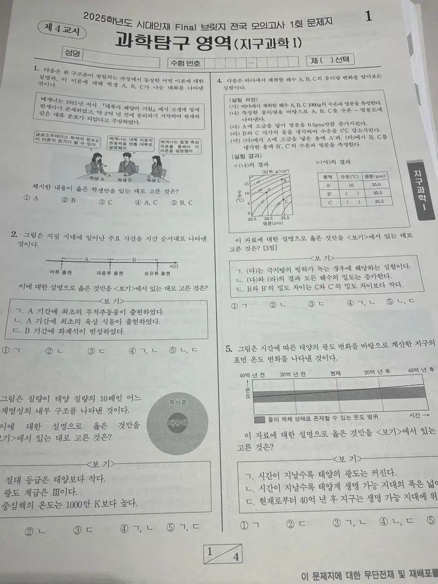 시대인재 지구과학1 파이널 브릿지 실모 판매