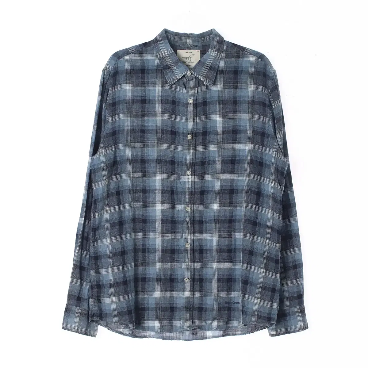 [L]Lacoste Henry cotton linen bloo checked shirt