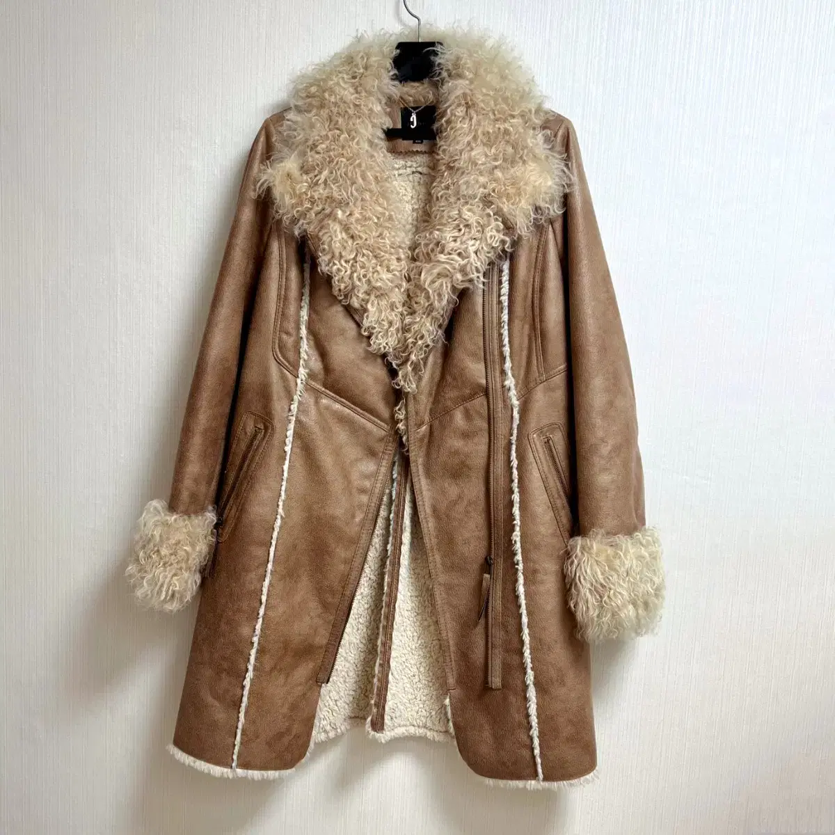 Joy's luxurious beige women's long coat mustang with 100% fleece lining