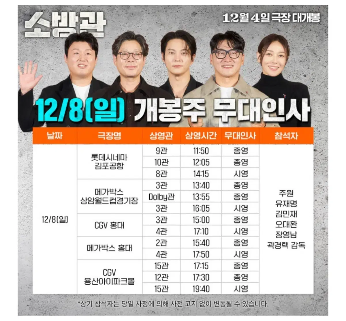 소방관 무대인사 메가박스 홍대 12/8(일) 17:50 4매 원가이하