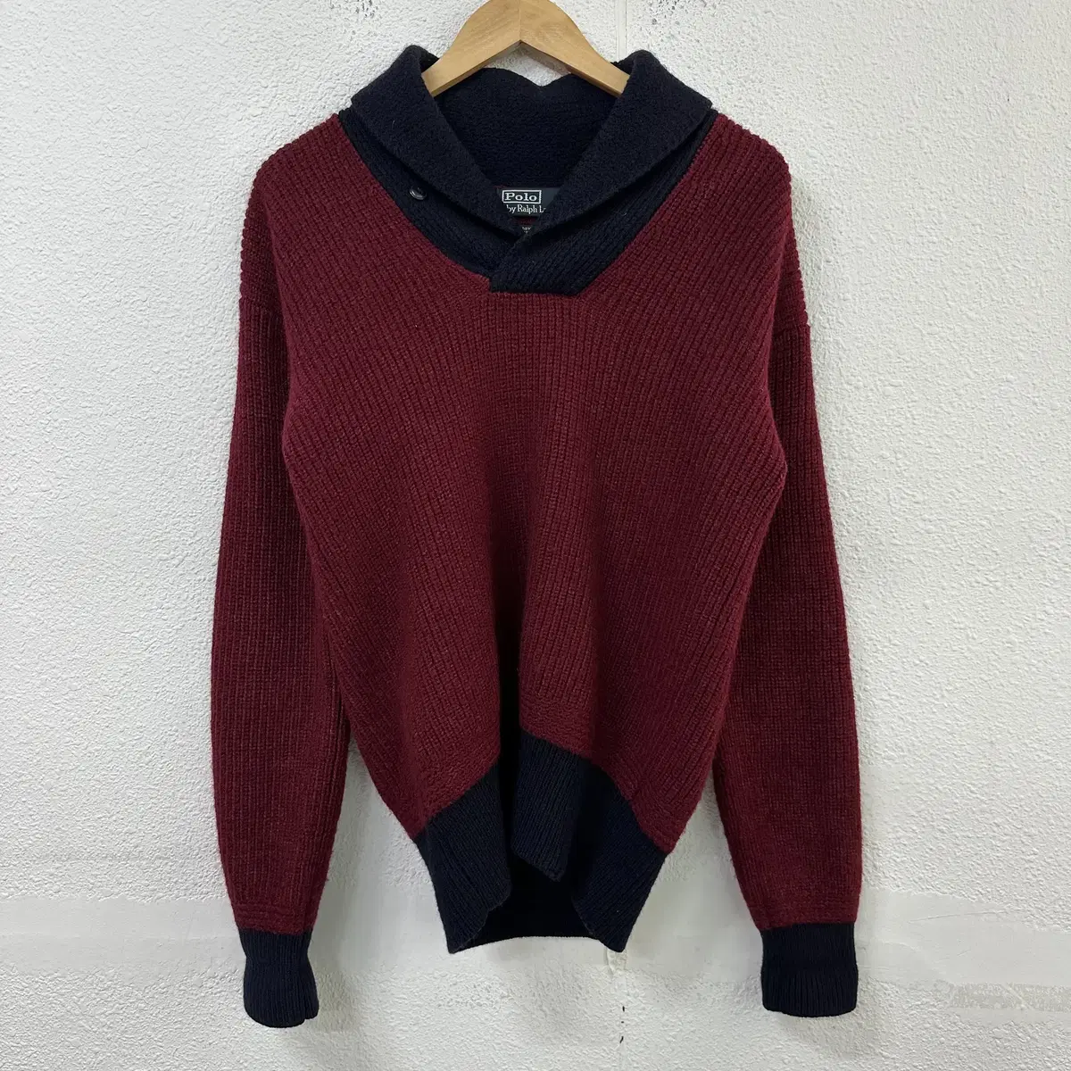 [L] Polo Ralph Lauren Merino wool elbow leather shawl kara knit sweater 0818