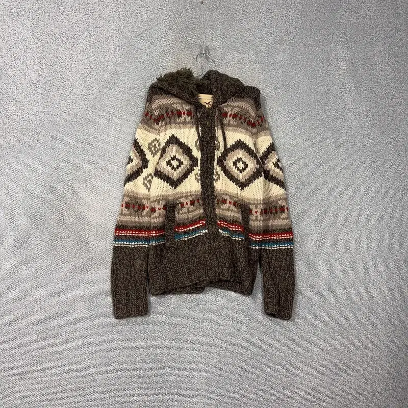 Hollister Argyle Y2K Brown Wool Knit Hoodie Zip-Up M