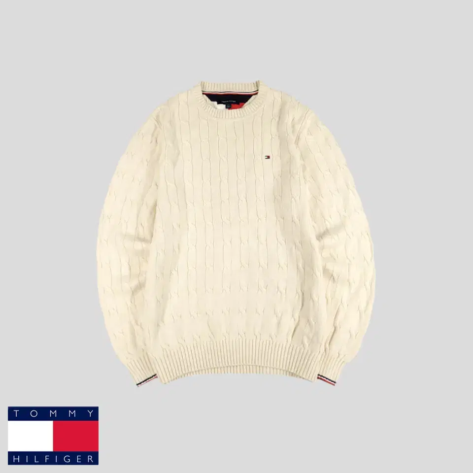 Tommy Hilfiger Ivory Tommy Logo Sewn Cable Pattern Cotton100 Simple Minimalist Knee