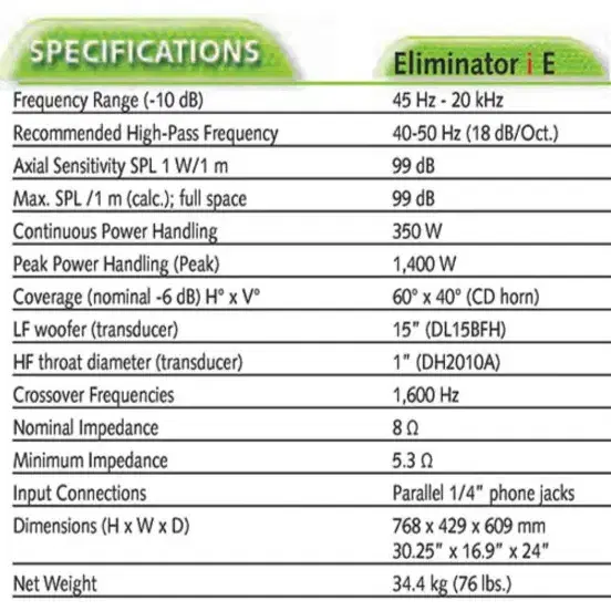 EV 15인치 2웨이 스피커 Eliminator i (1통)