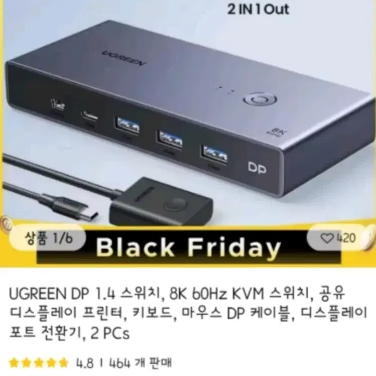 (미사용) HDMI KVM switch 2 in 1out UGREEN