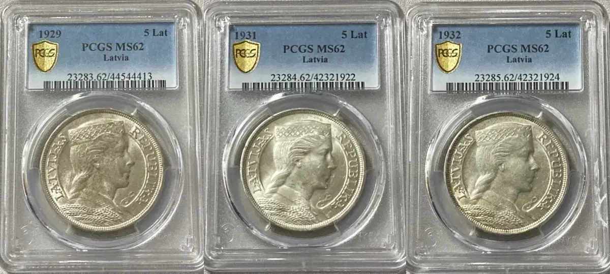 PCGS 라트비아 5 Lati 밀다 여신 MS 그레이딩 은화 세트