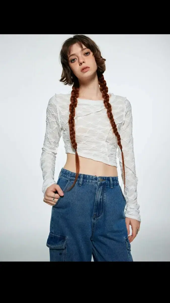 XS SOLID TEXTURE CROP TOP언발란스레이스크롭탑긴팔티셔츠