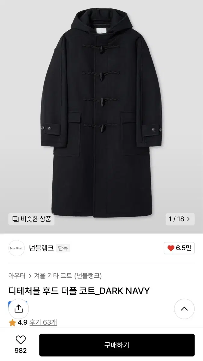 (새상품) 넌블랭크 디테처블 후드 더플 코트 dark navy