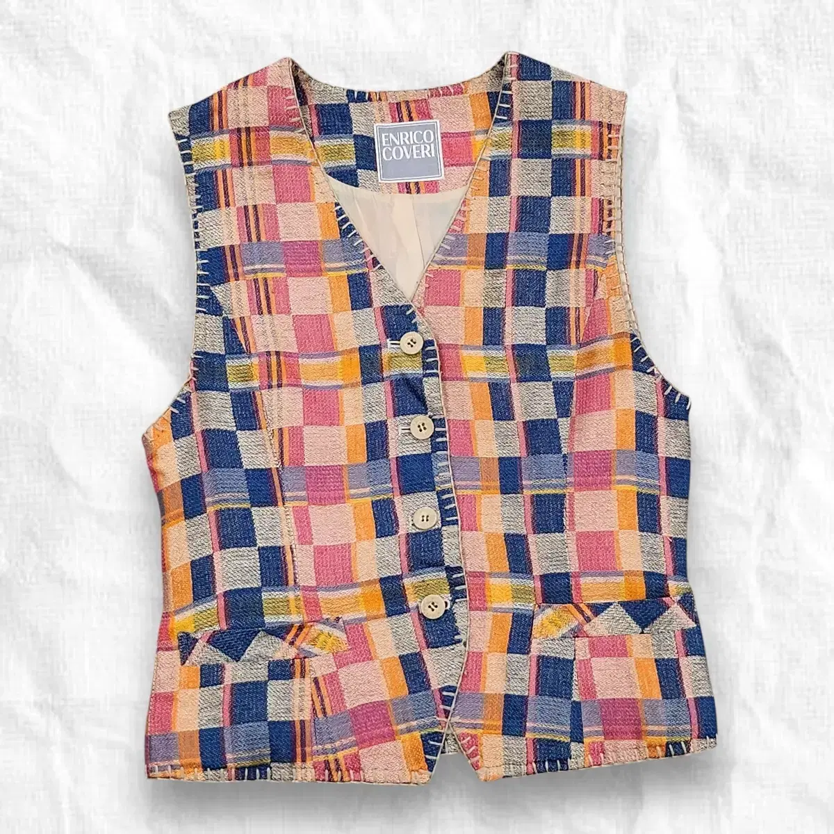 [M] Vintage Hemp Blend Colored Check Vest