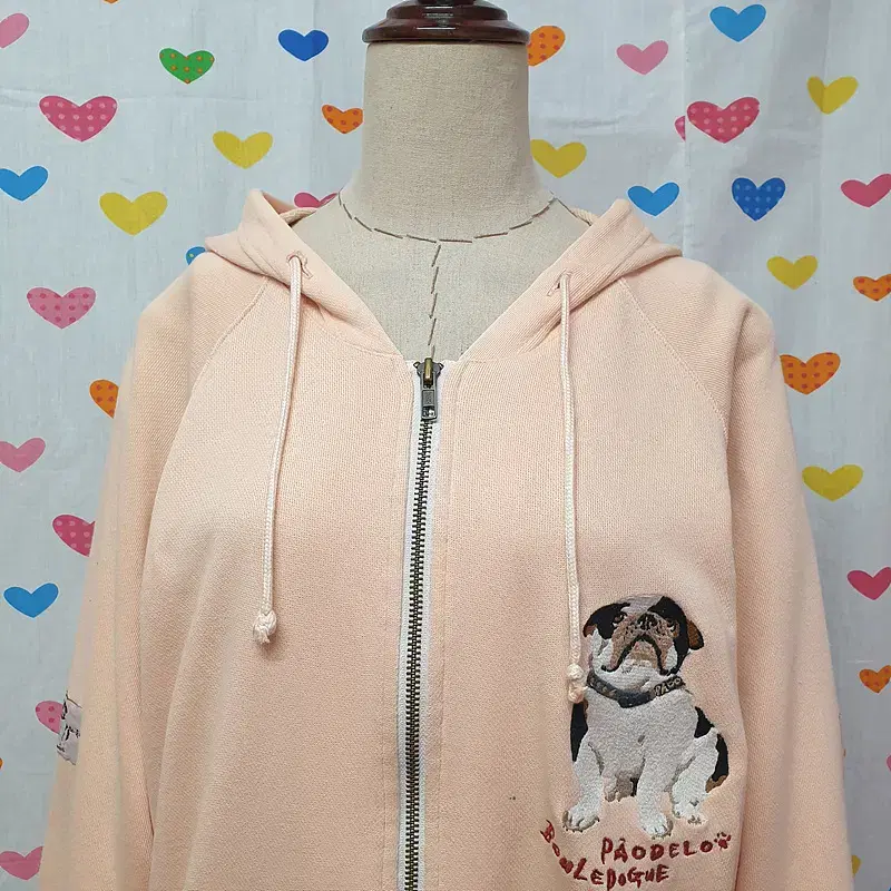 Pink bulldog puppy character patch waffen embroidered hooded zip up hat tee pink strawberry u