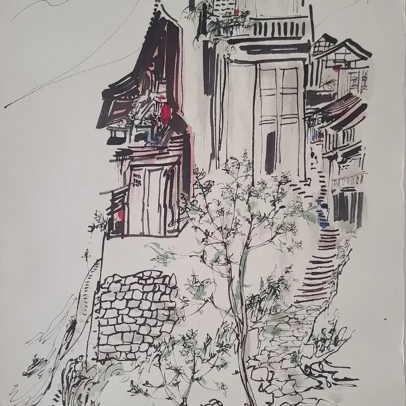 오괸중, 언덕위에 집 세필채색 수묵화, 76x50cm, 1990대.