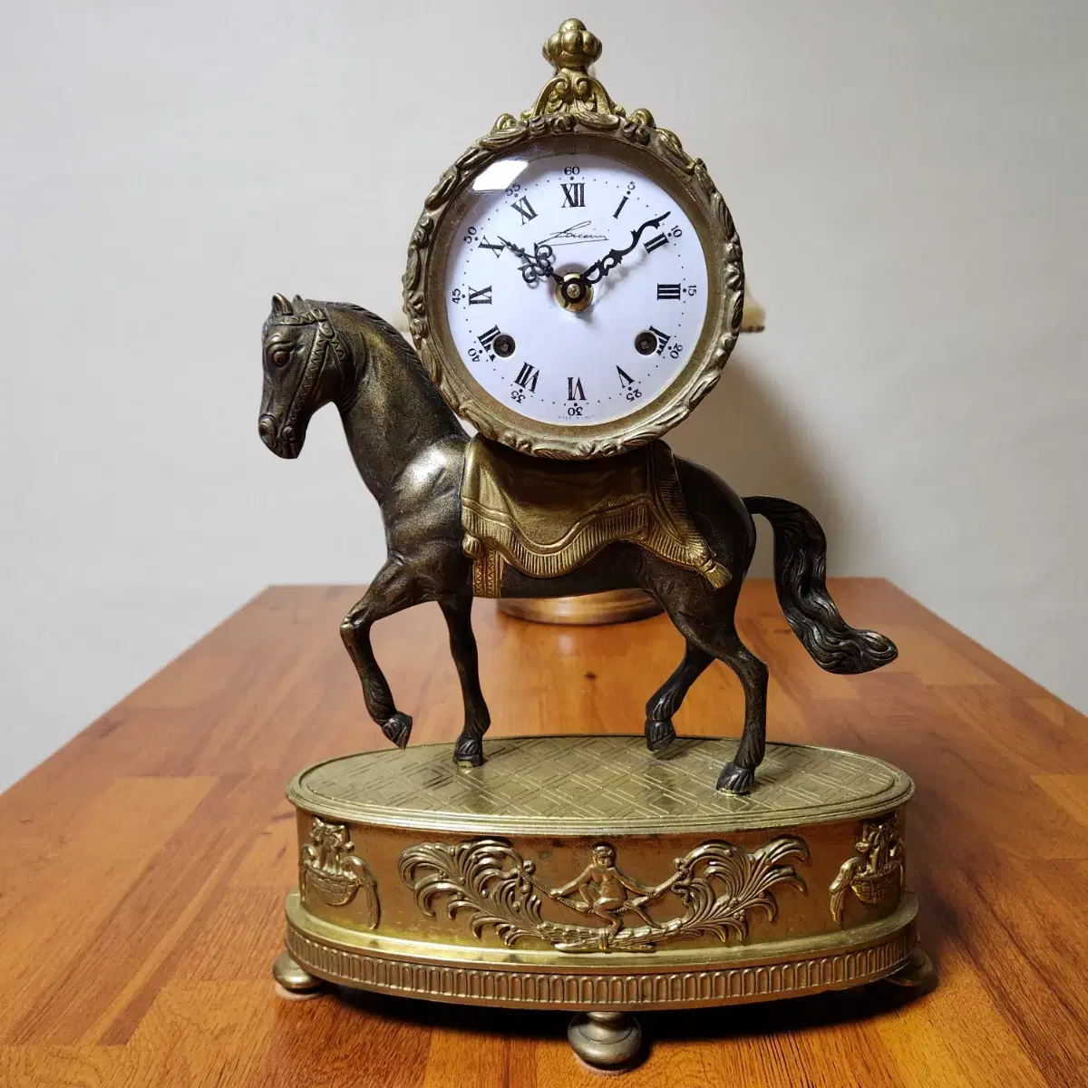 Old vintage Italian Horse brass 2-piece mechanical movement desk clock.