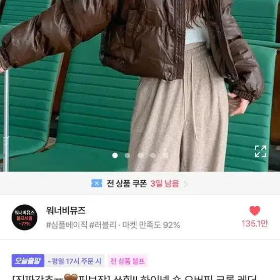 에이블리 유광 크롭 갈색 패딩