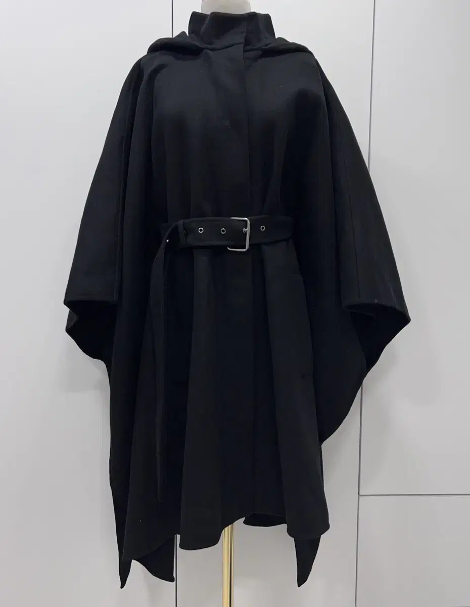 Genuine Dior Black wool hooded cape belted coat m